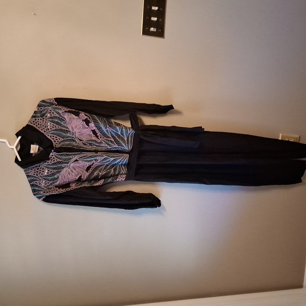 Elegant Embroiderd Black and Purple Women's 1980's Jumpsuit